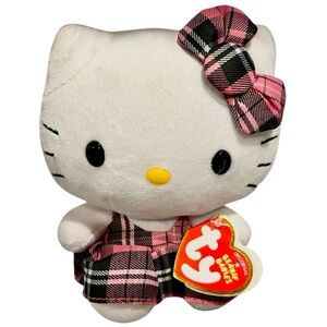 Ty Beanie Babies Sanrio Hello Kitty Pink Black Tartan Plaid Dress Bow Plush 6”
